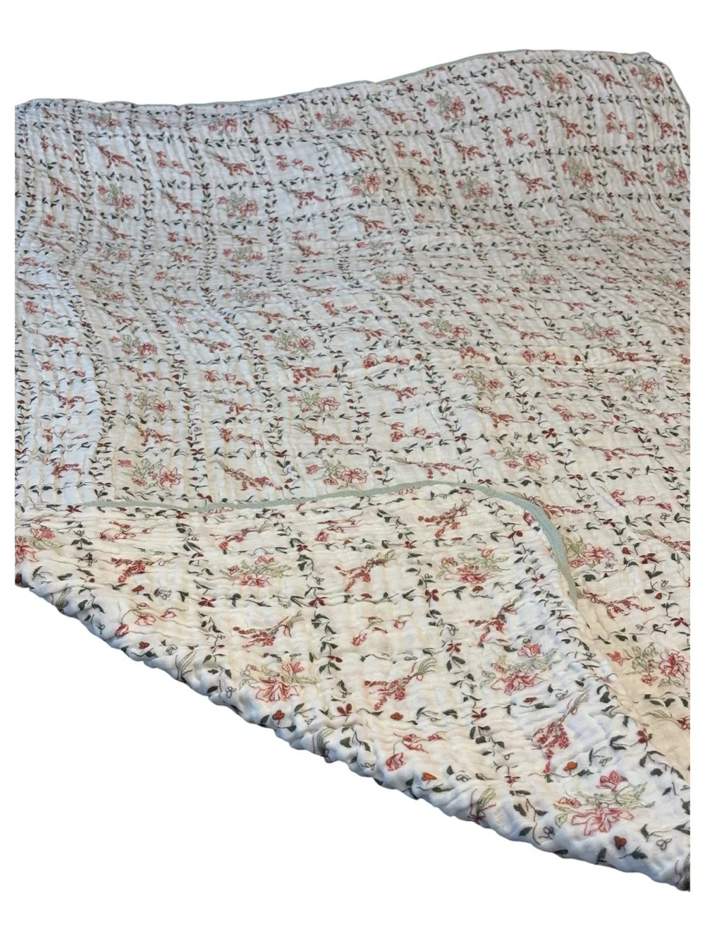 The Fleece Company Muslin Cotton Floral Wildflower Twin Throw Blanket Green Trim